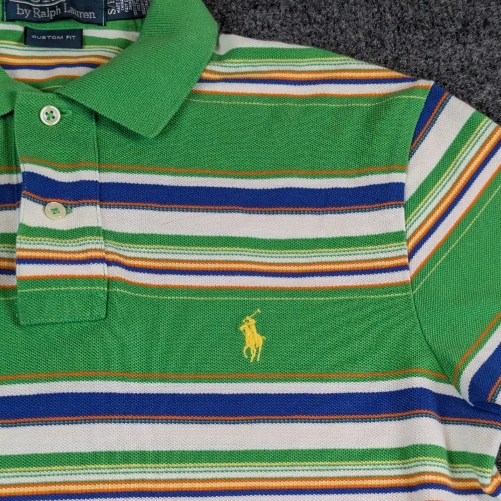 Polo Ralph Lauren Mens Small Custom Fit Green Striped Cotton Pique Polo Shirt